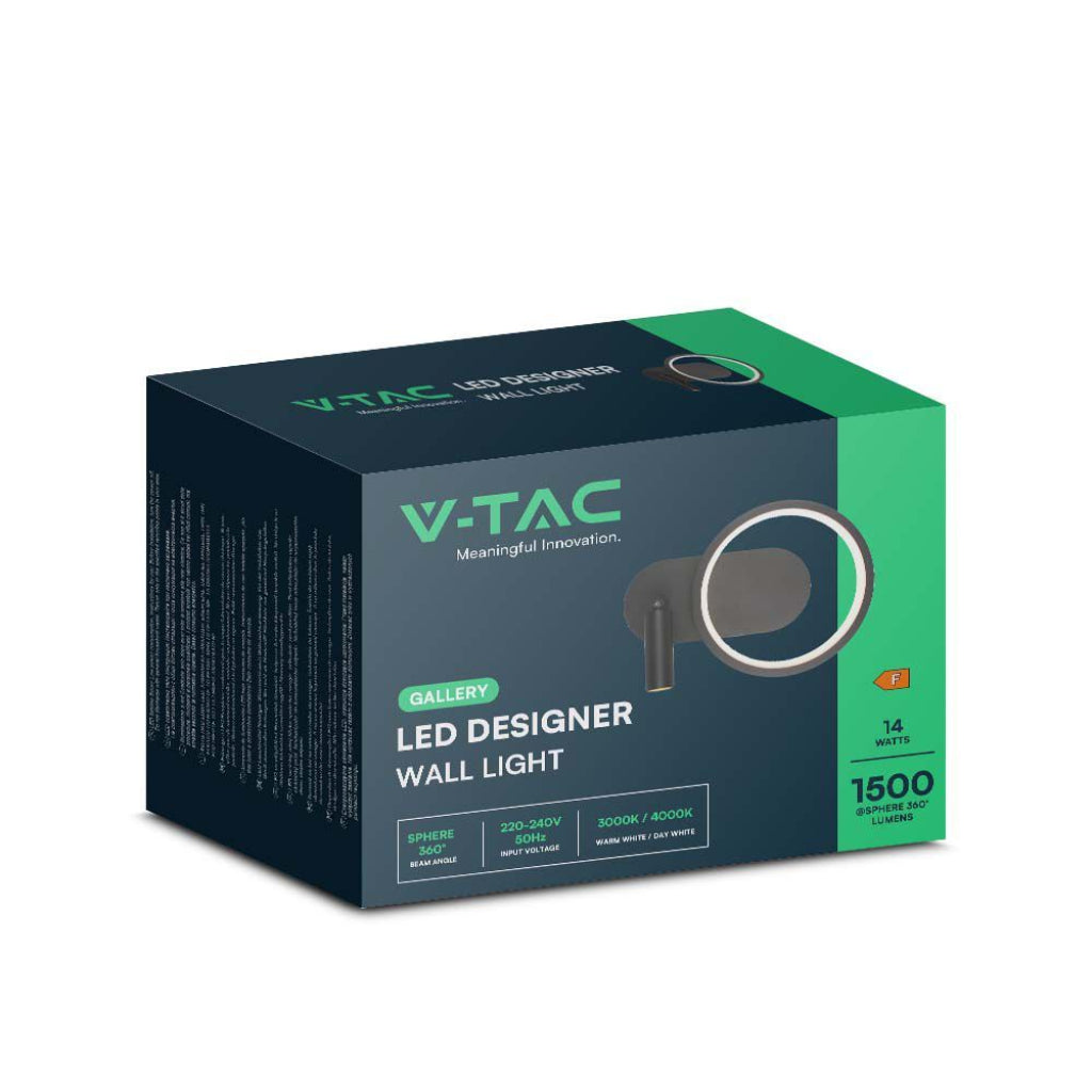 V-TAC Lampada LED da Muro 14W con Faretto da Lettura Orientabile 360° in Metallo Colore Nero 3000K V-TAC Lampada LED da Muro 14W con Faretto da Lettura Orientabile 360° in Metallo Colore Nero 3000K